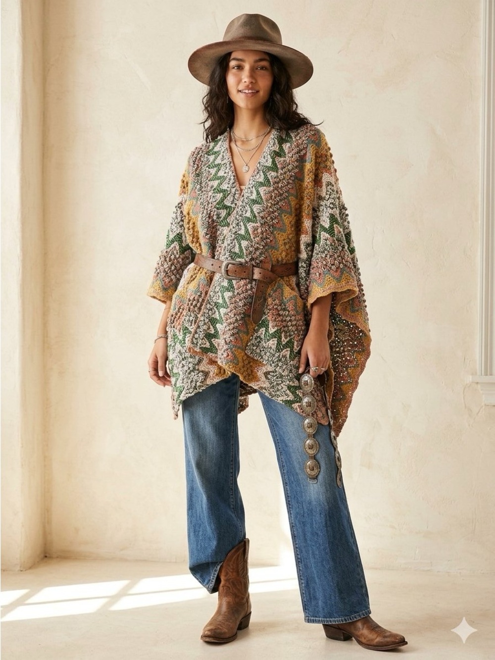 David and Young Textured Boho western Crochet Poncho cowgirl cottagecore